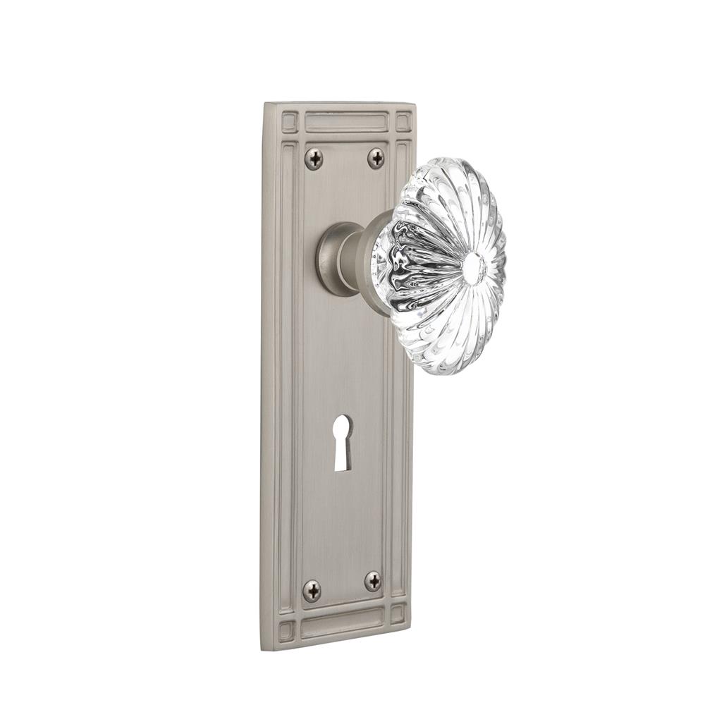 Nostalgic Warehouse MISOFC Passage Knob Mission Plate with Oval Fluted Crystal Knob and Keyhole in Satin Nickel